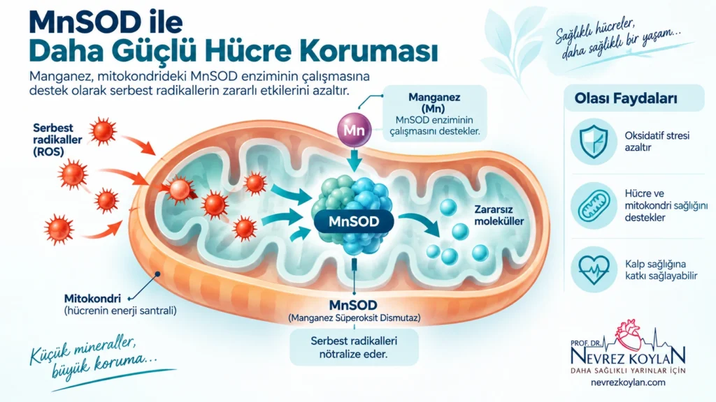 Manganez süperoksit dismutaz (MnSOD) enziminin hücrede oksidatif stresi azaltma mekanizmasını gösteren şema