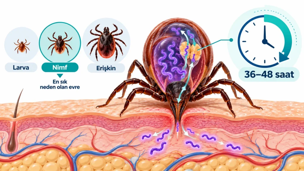Lyme hastalığının bulaşması: kenenin deriye tutunması ve bulaş için gereken 36–48 saat süresini gösteren infografik
