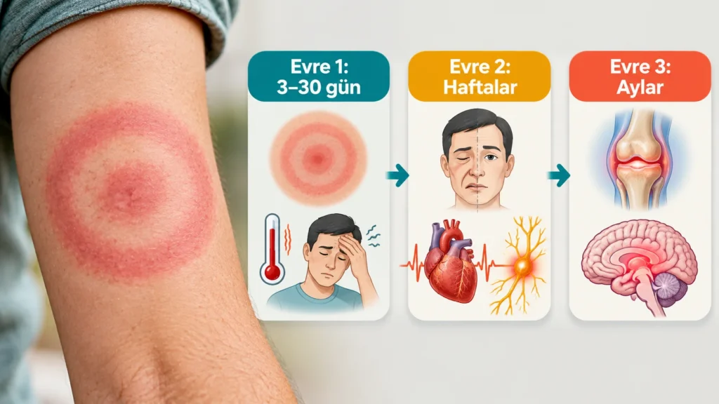 Lyme hastalığı belirtileri: kolda eritema migrans döküntüsü ve erken lokalize, erken yayılmış, geç evre belirtileri