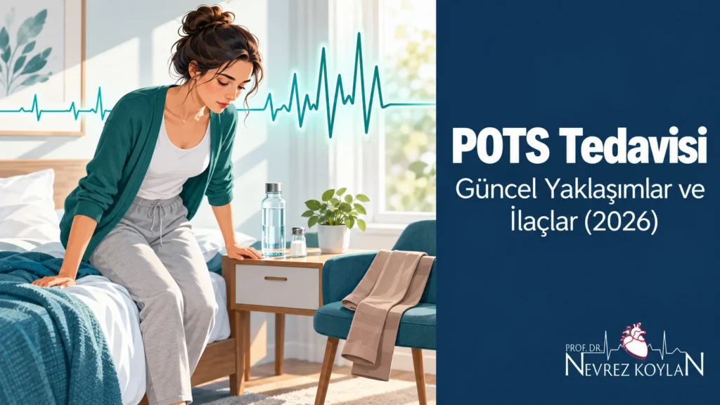 POTS tedavisi kapak görseli: ayağa kalkan kadın, yükselen nabız çizgisi, su şişesi ve kompresyon çorabı ile Prof. Dr. Nevrez Koylan logosu
