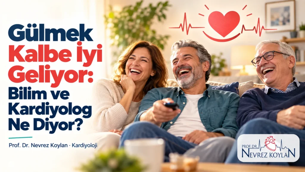 Gülmek kalbe iyi geliyor: kanepede birlikte kahkaha atan aile ve gülümseme çizgisine dönüşen EKG ile kalp simgesi