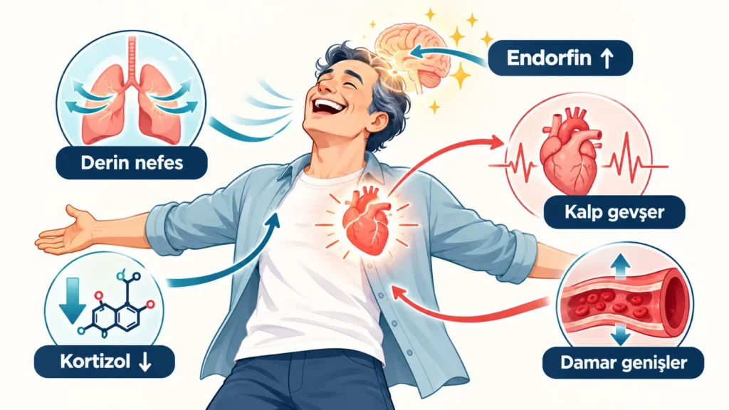 Kahkahanın vücuda etkisi: derin nefes, kortizolde düşüş, endorfin artışı ve genişleyen damarı gösteren infografik