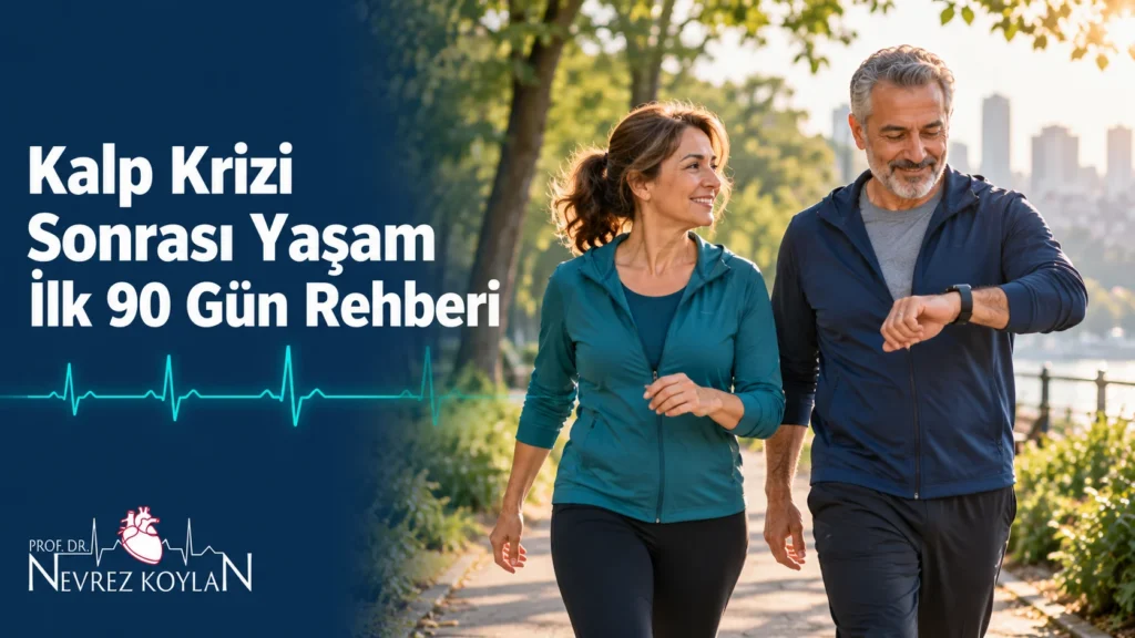 Kalp krizi sonrası yaşam rehberi kapak görseli: sabah parkta tempolu yürüyen orta yaşlı çift, EKG çizgisi ve Prof. Dr. Nevrez Koylan logosu