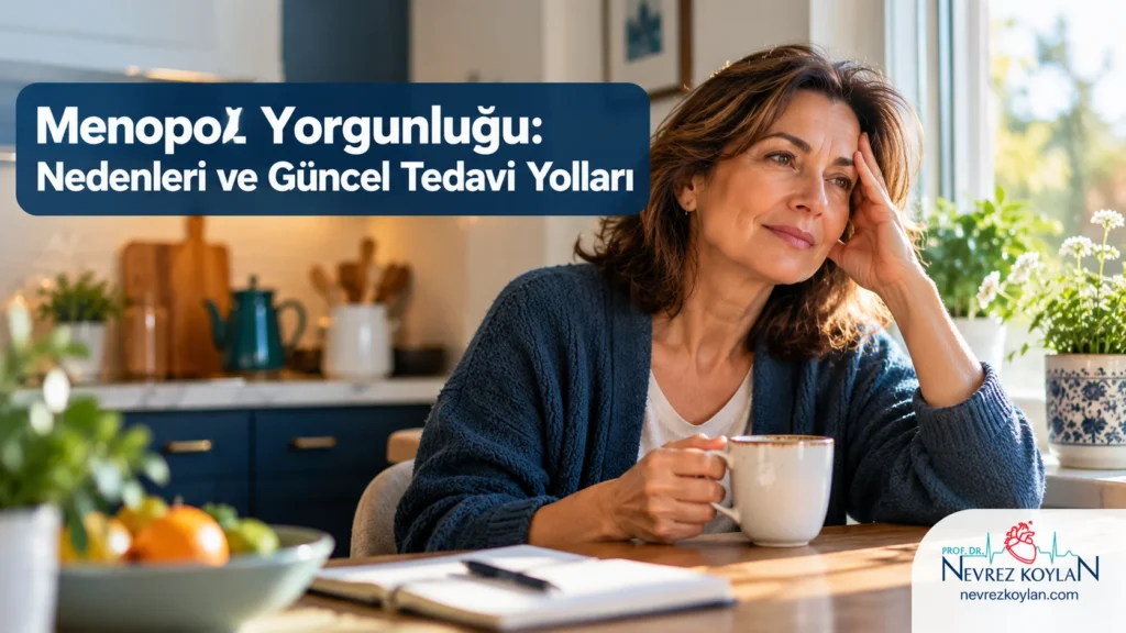 Menopoz yorgunluğu yaşayan orta yaşlı kadın sabah ışığında kahvesiyle pencere kenarında dinleniyor — Prof. Dr. Nevrez Koylan