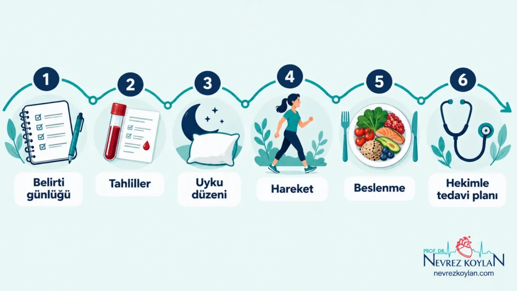 Menopoz yorgunluğuyla başa çıkmak için altı adım: belirti günlüğü, tahliller, uyku düzeni, egzersiz, beslenme ve tedavi