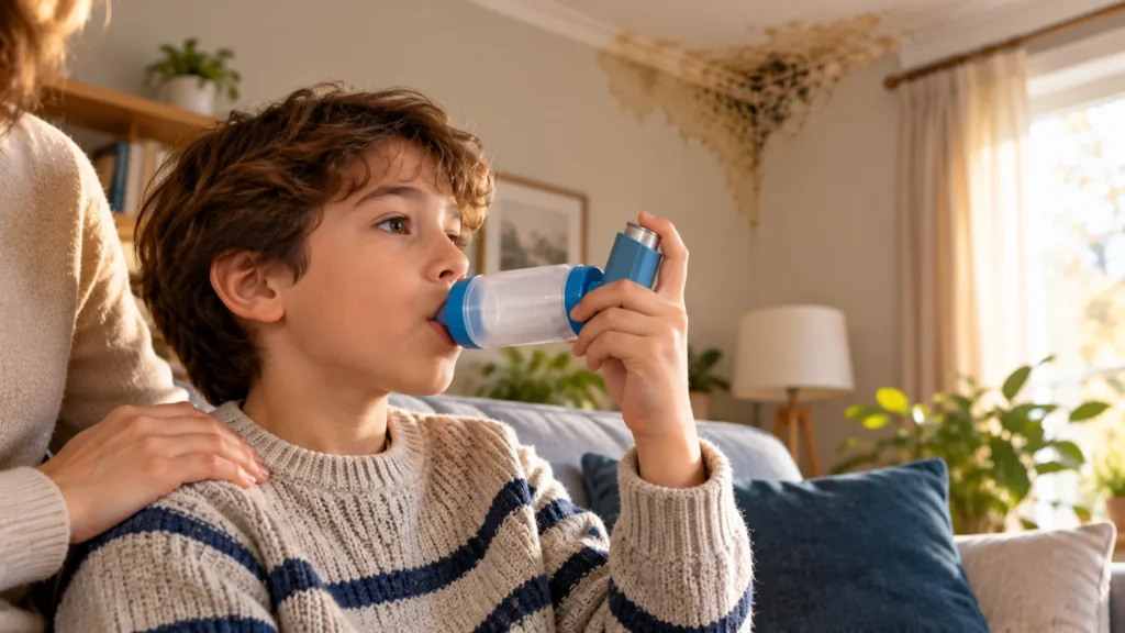 Nemli ve küflü evde küf alerjisi ve astım belirtileri: inhaler kullanan çocuk ve arka planda nem lekeli duvar