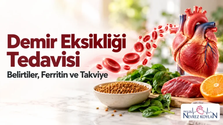 Demir eksikliği tedavisi başlıklı kapak görseli; alyuvarlar, demirden zengin besinler ve kalp illüstrasyonu, Prof. Dr. Nevrez Koylan logosu