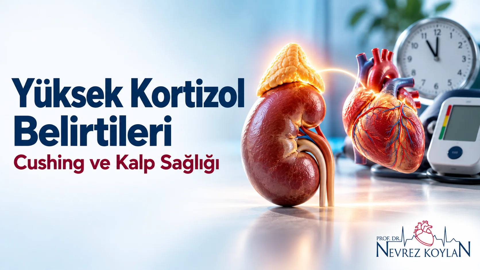 Yüksek kortizol belirtileri: böbreküstü bezi, kalp ve tansiyon aleti içeren tıbbi kapak görseli, Prof. Dr. Nevrez Koylan logosu
