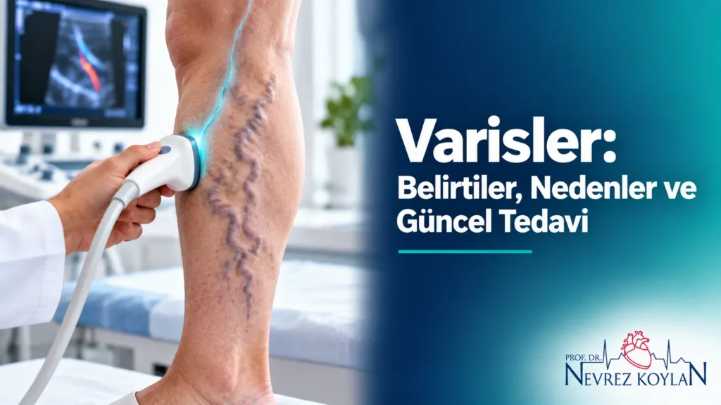 Varisler: belirtiler, nedenler ve güncel tedavi seçenekleri başlıklı kapak; bacakta varisli damarlar ve Doppler ultrason probu, Prof. Dr. Nevrez Koylan logosu