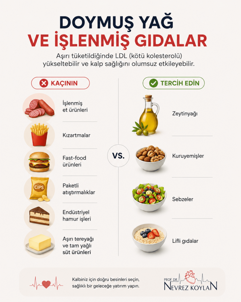 Doymuş yağ ve işlenmiş gıdaların kolesterol üzerindeki etkilerini gösteren minimalist sağlıklı beslenme infografiği.