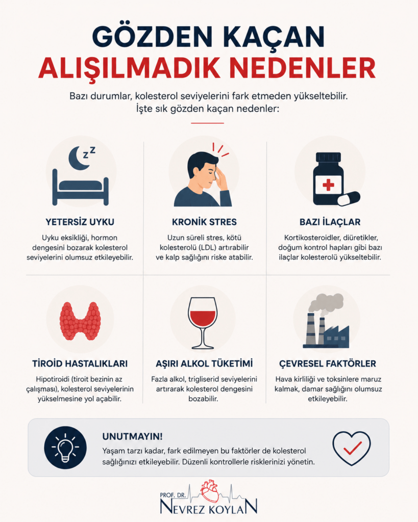 Uyku eksikliği, stres, ilaçlar ve tiroid hastalıkları gibi kolesterolü etkileyebilen alışılmadık nedenleri gösteren minimalist sağlık infografiği.