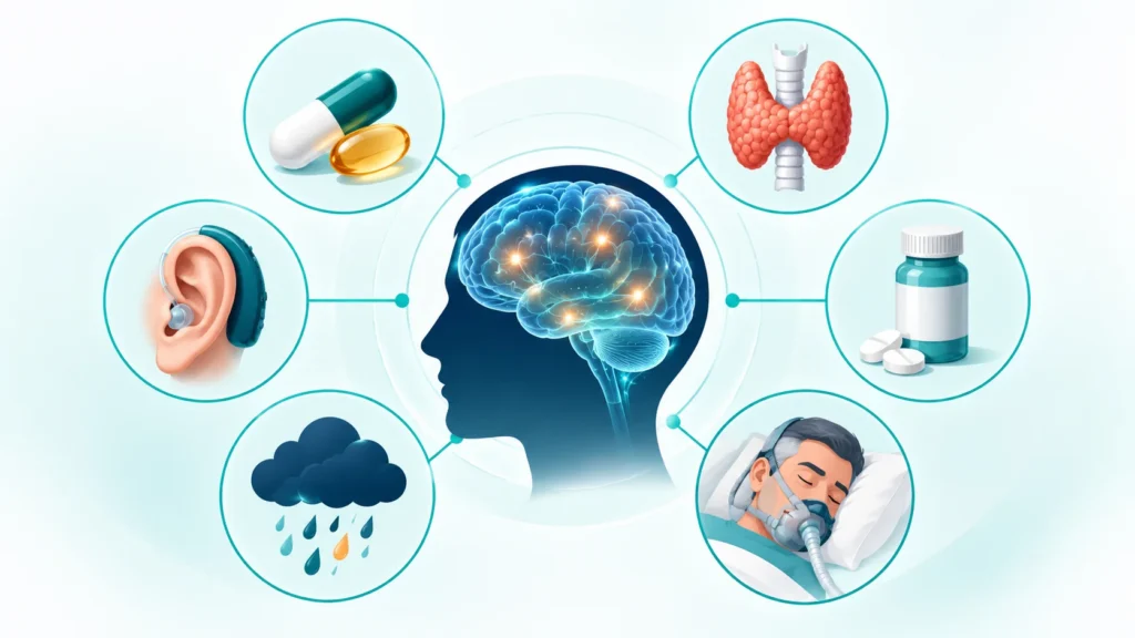 Unutkanlığın tedavi edilebilir nedenleri: B12 vitamini, tiroid, ilaçlar, uyku apnesi, depresyon ve işitme kaybını simgeleyen ikonlar