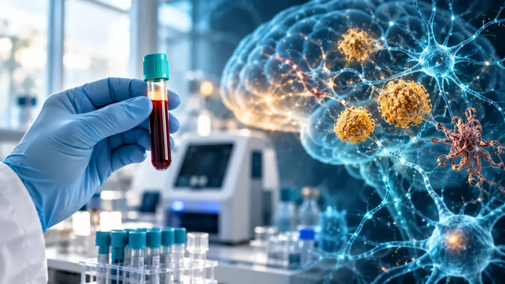 Alzheimer tanısında yeni dönem: laboratuvarda kan tüpü ve arka planda amiloid plakları ile tau proteinlerini gösteren beyin görseli