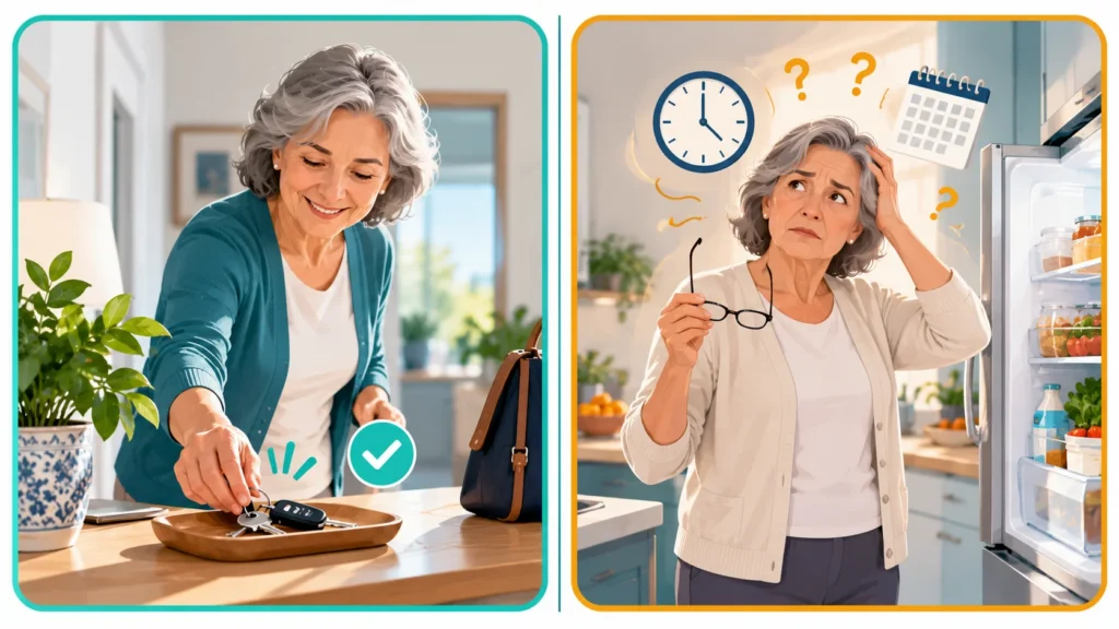 Normal yaşlanma ile Alzheimer arasındaki farkı gösteren karşılaştırmalı illüstrasyon: anahtarı bulan yaşlı kadın ve kafası karışmış yaşlı kadın