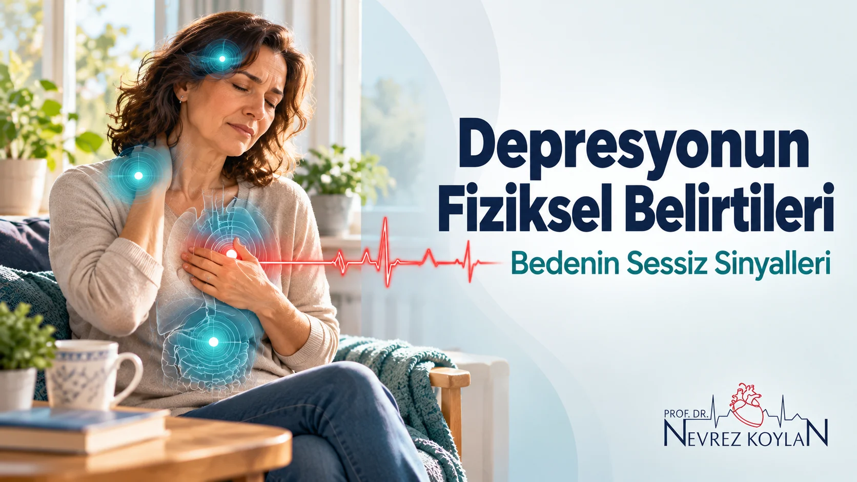 Depresyonun fiziksel belirtileri başlıklı kapak görseli: göğsünü tutan yorgun bir kişi, vücut üzerinde belirti noktaları ve EKG çizgisi