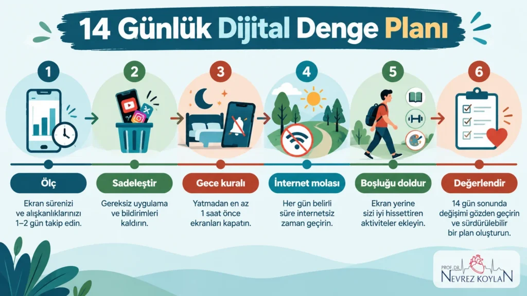 Teknoloji bağımlılığından kurtulmak için 14 günlük dijital denge planının altı adımını gösteren bilgi grafiği