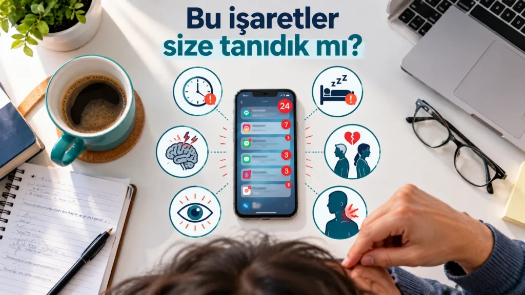 Teknoloji bağımlılığı belirtileri: bildirimlerle dolu telefon çevresinde uyku, dikkat, sosyal izolasyon ve boyun ağrısı ikonları