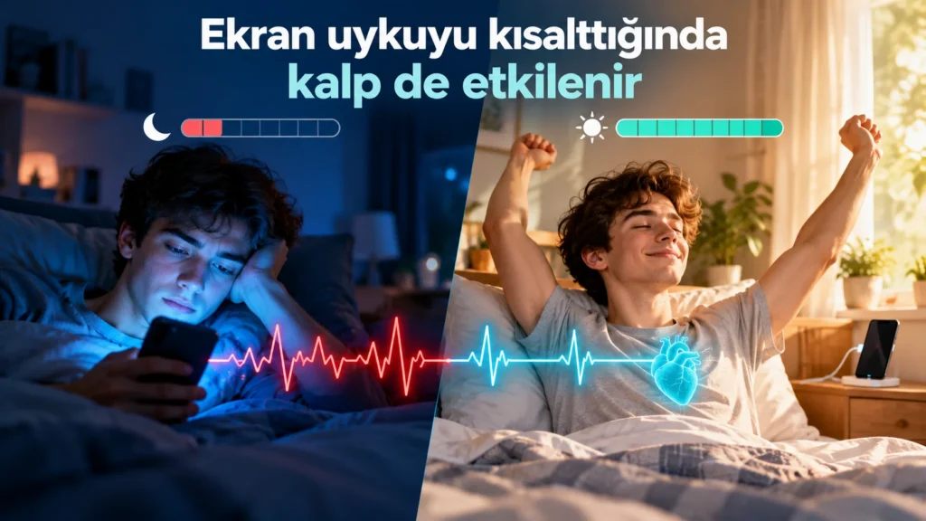 Ekran süresi, uyku ve kalp sağlığı: gece telefon kullanan ve sabah dinç uyanan gencin karşılaştırması, EKG çizgisiyle