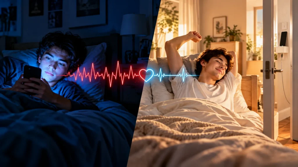 Gece telefon kullanımı ile ekransız yatak odasında dinlenmiş uyanışın karşılaştırması ve kalp ritmi çizgisi