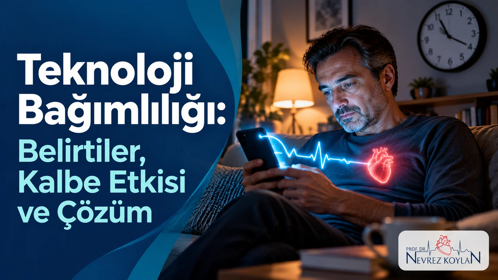 Teknoloji bağımlılığı: gece telefona bakan kişi, ekrandan kalbe uzanan EKG çizgisi ve “Teknoloji Bağımlılığı: Belirtiler, Kalbe Etkisi ve Çözüm” başlığı