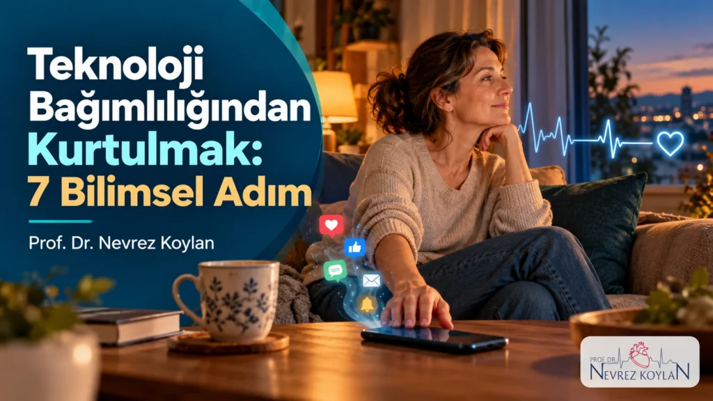 Teknoloji bağımlılığından kurtulmak: telefonunu sehpaya bırakıp rahatlayan kişi ve sakinleşen kalp ritmi çizgisi