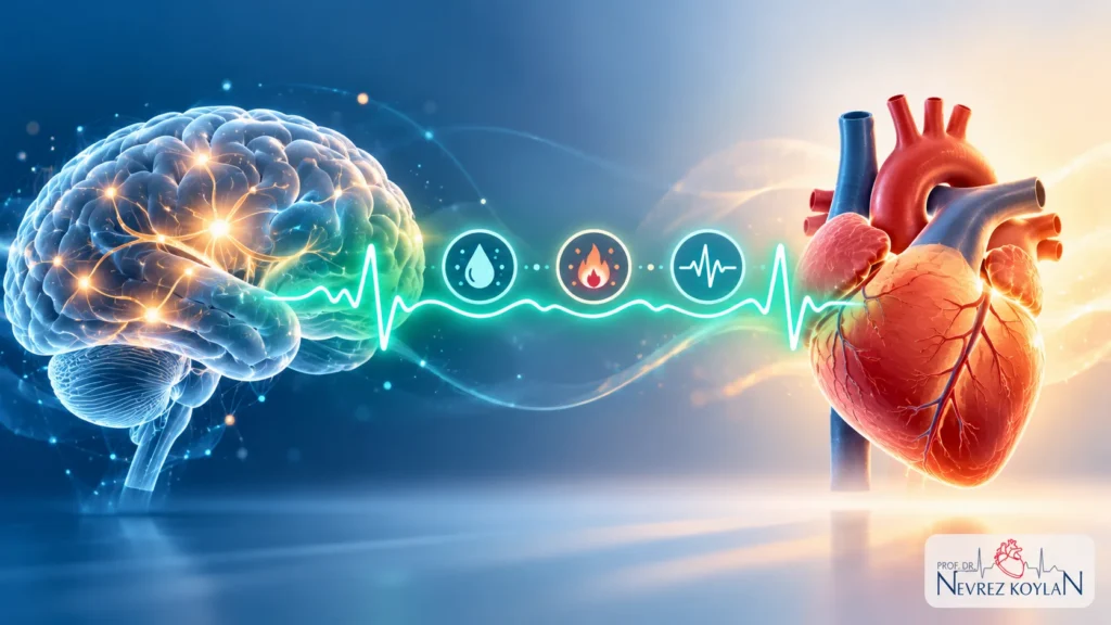 Depresyon ve kalp sağlığı bağlantısı: beyin ile kalbi birleştiren EKG çizgisi üzerinde stres, inflamasyon ve kalp hızı ikonları