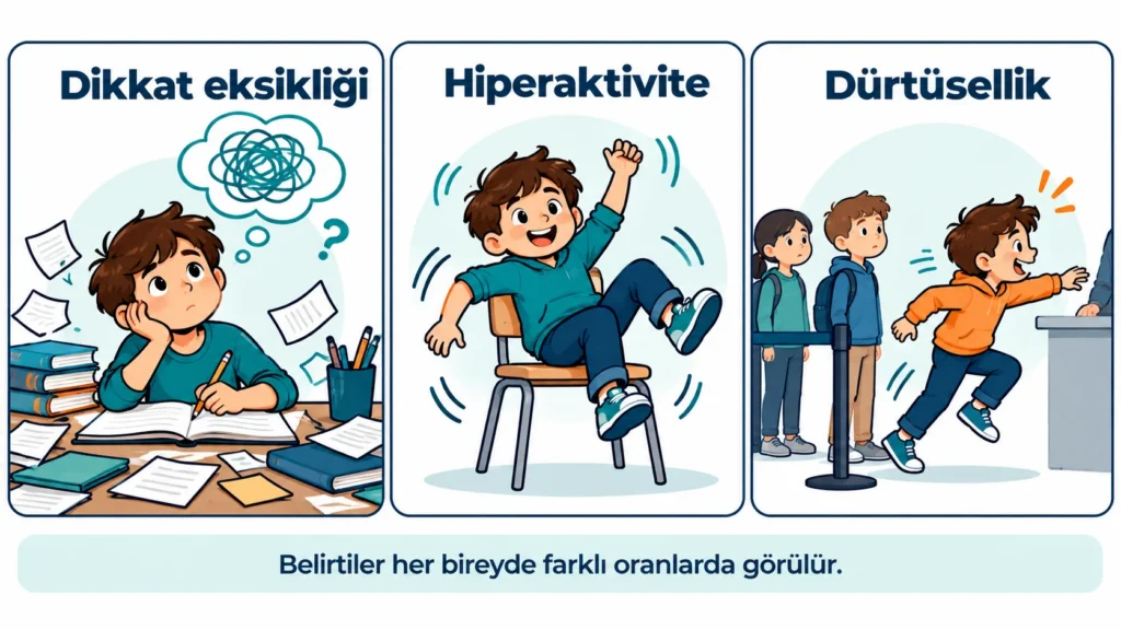 DEHB belirtilerinin üç ana grubu: dikkat eksikliği, hiperaktivite ve dürtüsellik ikonlarla gösteriliyor