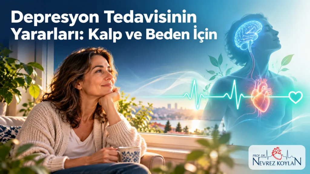 Depresyon tedavisinin yararları: sabah ışığında pencere kenarında oturan kişi ve düzenli kalp ritmine dönüşen EKG çizgisiyle kalp simgesi
