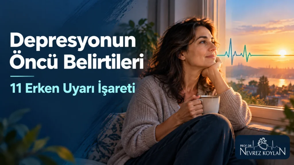 Depresyonun öncü belirtileri: şafakta pencere kenarında düşünceli oturan kişi ve ufka dönüşen EKG çizgisi; 11 erken uyarı işareti başlıklı kapak görseli