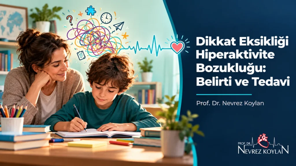 Dikkat eksikliği hiperaktivite bozukluğu: ödevine odaklanmaya çalışan çocuk, dağınık düşüncelerin EKG ritmine dönüştüğü çizgi ve kalp simgesi