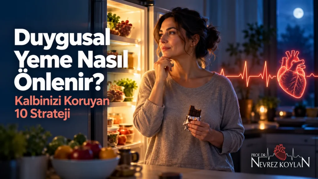 Duygusal yeme nasıl önlenir başlıklı kapak görseli: gece mutfakta açık buzdolabı önünde düşünceli orta yaşlı kadın, elinde kalp ritim çizgisi, Prof. Dr. Nevrez Koylan logosu