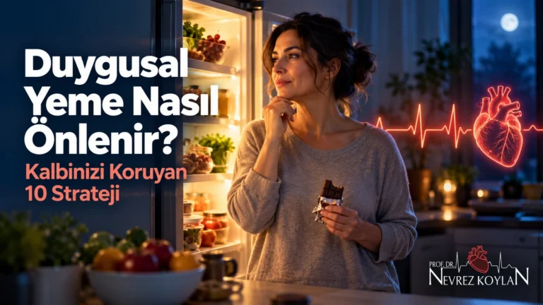 Duygusal yeme nasıl önlenir başlıklı kapak görseli: gece mutfakta açık buzdolabı önünde düşünceli orta yaşlı kadın, elinde kalp ritim çizgisi, Prof. Dr. Nevrez Koylan logosu