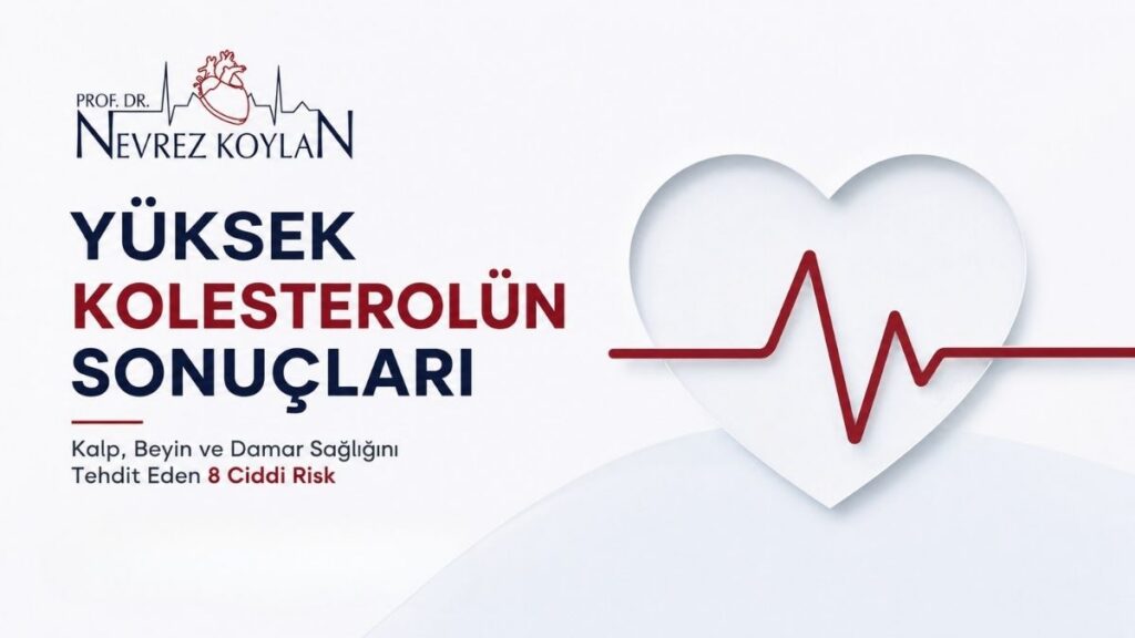 Minimalist tasarımlı kapak görselinde beyaz arka plan üzerinde kırmızı ve lacivert tonlarda “Yüksek Kolesterolün Sonuçları” başlığı, Prof. Dr. Nevrez Koylan logosu ve kalp ritmini simgeleyen modern bir EKG çizgisi yer alıyor.
