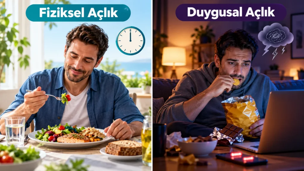 Fiziksel açlık ve duygusal açlık farkını gösteren bölünmüş görsel: solda sakin biçimde dengeli öğün yiyen kişi, sağda stresli halde çikolata ve cipse uzanan kişi