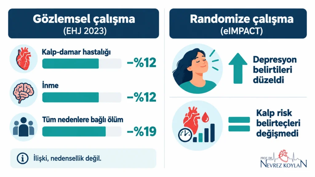Depresyon tedavisi ve kalp sağlığı: gözlemsel çalışmada düşük kalp-damar riski, randomize çalışmada değişmeyen risk belirteçlerini karşılaştıran infografik