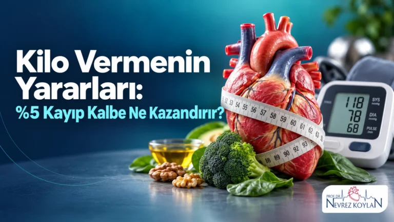 Kilo vermenin yararları: %5 kayıp kalbe ne kazandırır başlıklı kapak; mezura, anatomik kalp ve tansiyon aleti, Prof. Dr. Nevrez Koylan logosu