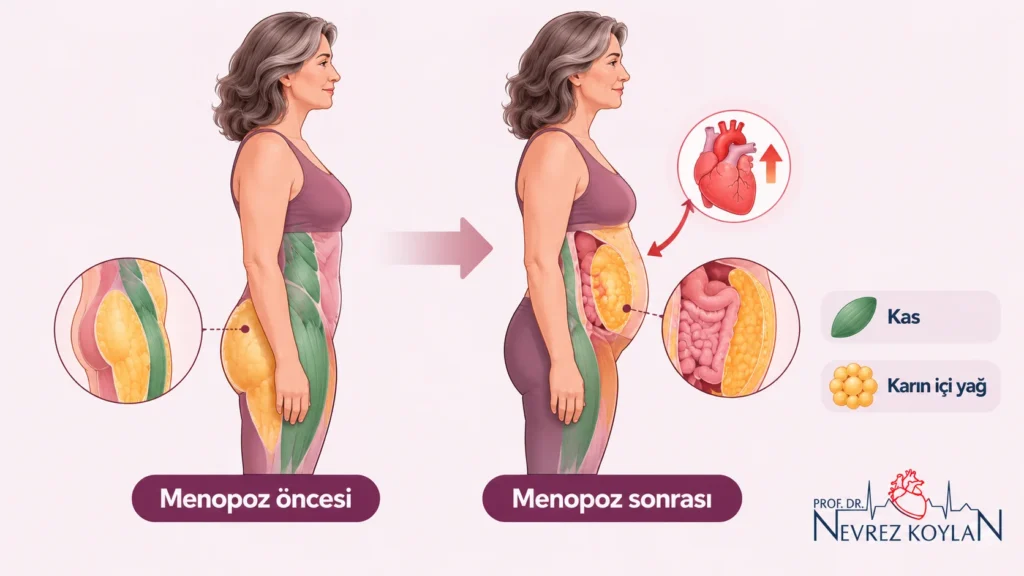 Menopozdan sonra kilo vermek sürecinde önemli olan kas kaybı ve karın içi yağ artışını gösteren sade tıbbi illüstrasyon