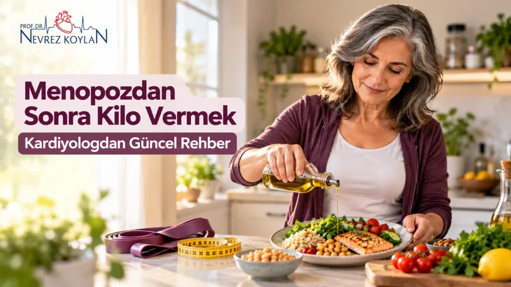 Menopozdan sonra kilo vermek için mutfakta protein ve sebze ağırlıklı öğün hazırlayan 55 yaşlarında kadın ve Prof. Dr. Nevrez Koylan logosu