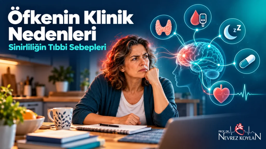 Öfkenin klinik nedenleri: gergin bir kişinin çevresinde tiroid, kan şekeri, uyku, ilaç, beyin ve kalp simgeleri