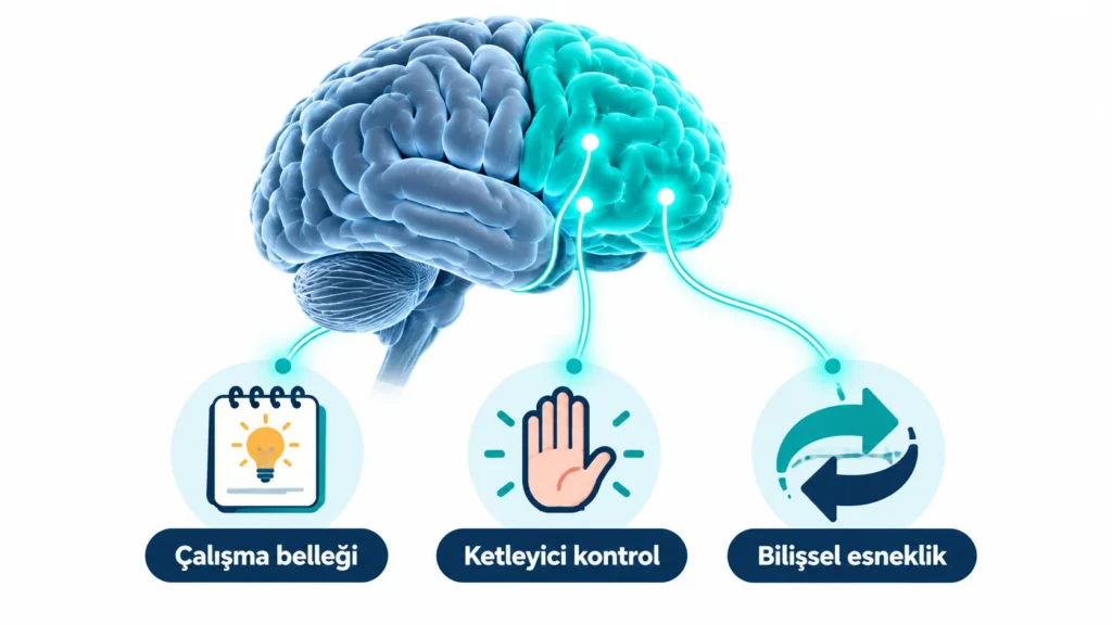 Yürütücü işlevlerin üç temel becerisi: çalışma belleği, ketleyici kontrol ve bilişsel esneklik ile vurgulanan prefrontal korteks