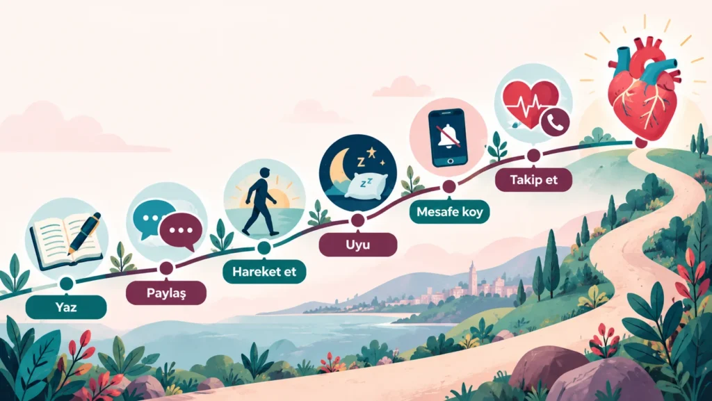 Aşk acısından iyileşme adımları: yazmak, paylaşmak, egzersiz, uyku, dijital mesafe ve kalp belirtilerini takip infografiği