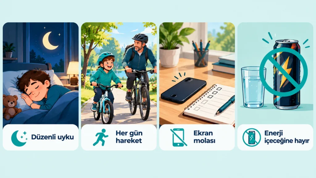 DEHB'de günlük yaşamı destekleyen dört adım: düzenli uyku, her gün hareket, ekran molası ve enerji içeceğinden uzak durma
