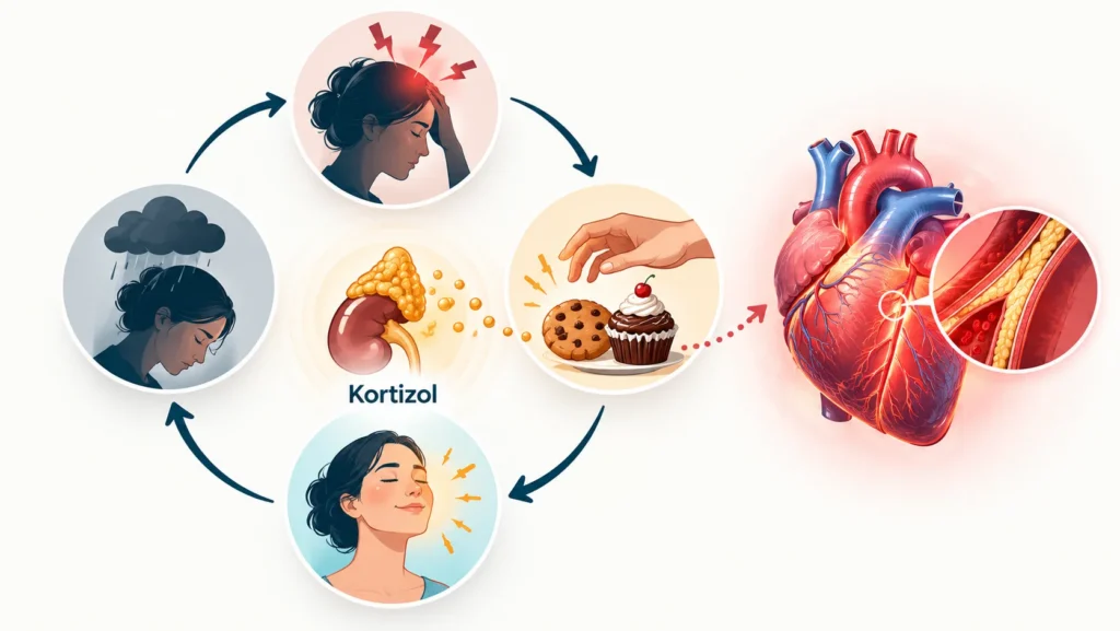 Stres, duygusal yeme ve suçluluk döngüsünü kortizol ve kalp sağlığı ile birlikte gösteren dairesel infografik