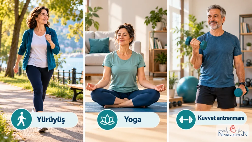 Depresyonda egzersiz: yürüyüş, yoga ve kuvvet antrenmanı yapan kişileri gösteren üç panelli illüstrasyon