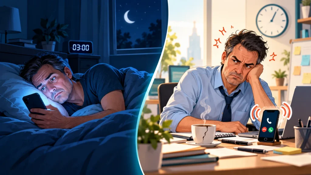 Uykusuz geçen gecenin ertesi gün sinirliliği artırdığını gösteren gece ve sabah sahnesi