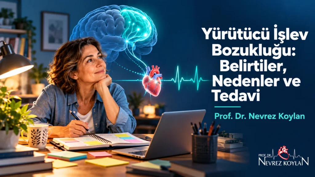 Yürütücü işlev bozukluğu kapak görseli: dağınık masada düşünceli bir kişi, ön lobu parlayan beyin ve kalbe uzanan EKG çizgisi
