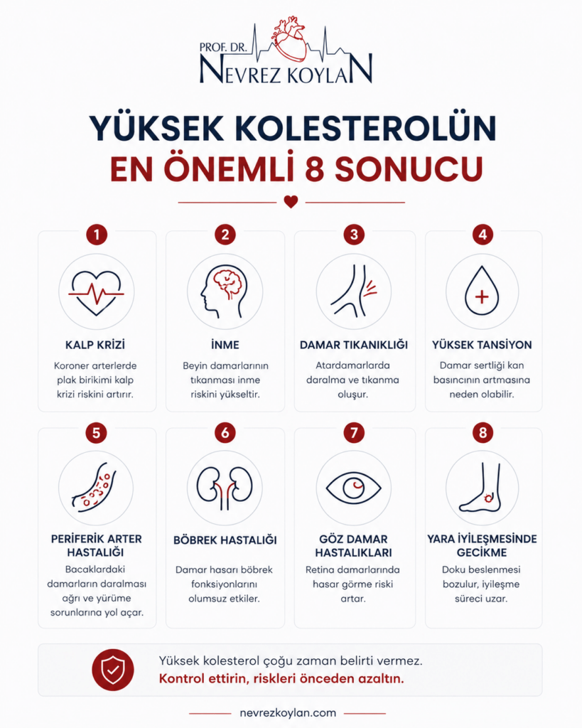 Minimalist tıbbi infografikte yüksek kolesterolün kalp krizi, inme, damar tıkanıklığı ve böbrek hastalığı gibi en önemli 8 sonucu sade ikonlar ve kısa açıklamalarla gösteriliyor.