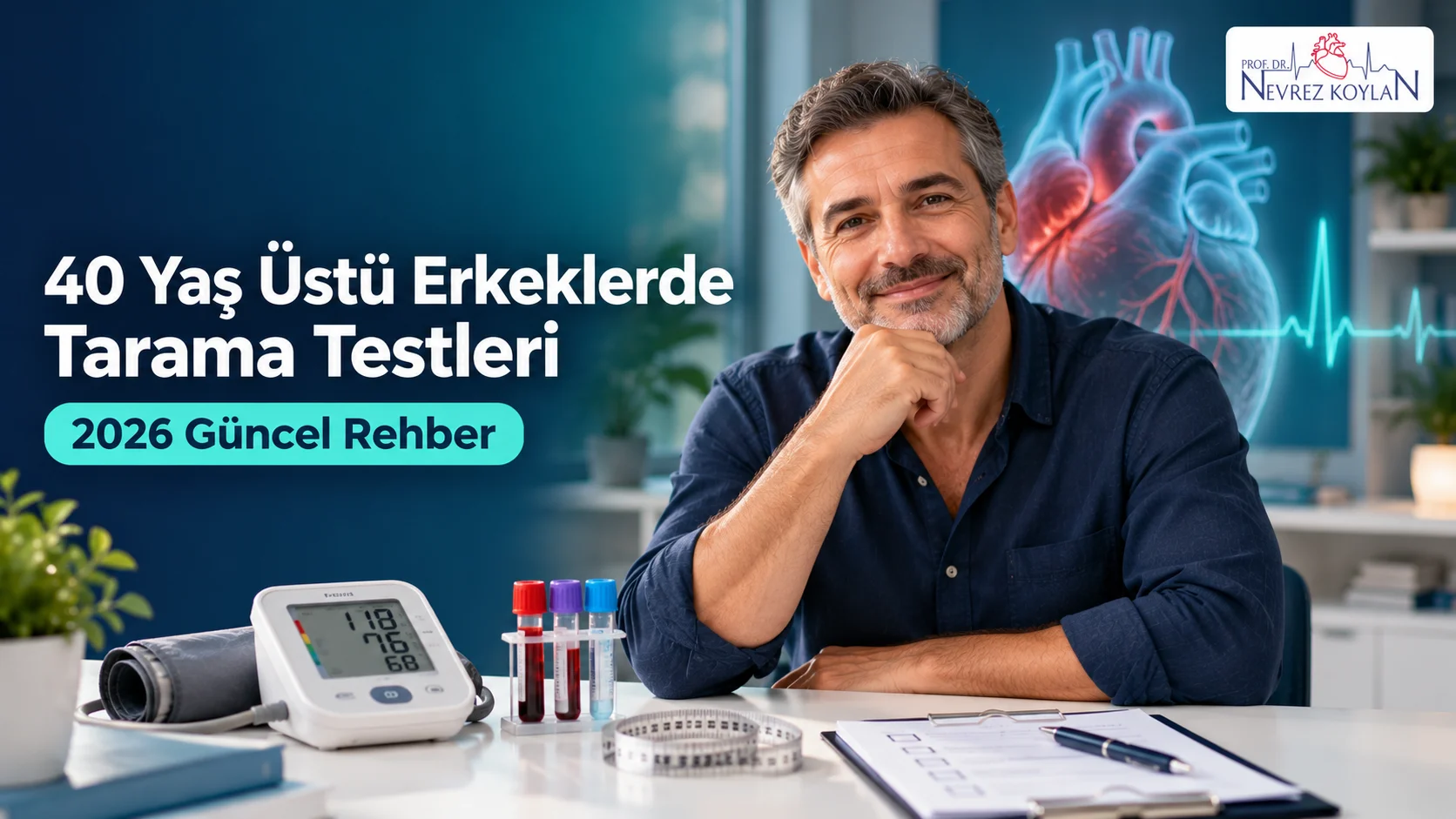 40 yaş üstü erkeklerde tarama testleri başlıklı kapak; tansiyon aleti, kan tüpleri ve anatomik kalp önünde gülümseyen orta yaşlı adam, Prof. Dr. Nevrez Koylan logosu