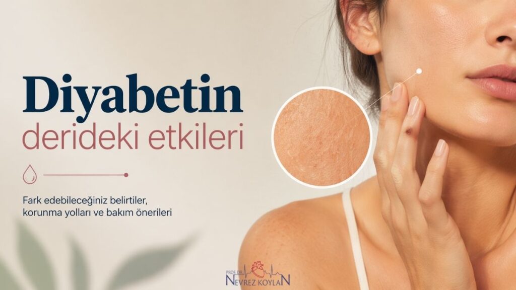 Diyabetin derideki etkileri’ başlıklı blog yazısı için hazırlanmış 16:9 kapak görseli. Açık bej tonlarında sade bir arka plan üzerinde, yüzünün bir kısmı görünen bir kadının cildine dokunduğu yakın plan görüntü yer alıyor. Görselde bir büyüteç efektiyle ciltteki kuruluk ve doku değişiklikleri vurgulanmış. Sol tarafta büyük ve okunaklı tipografiyle başlık yer alırken, altında ‘belirtiler, korunma yolları ve bakım önerileri’ ifadesi bulunuyor. Minimalist ve temiz tasarım, diyabetin cilt üzerindeki etkilerine dikkat çekiyor.