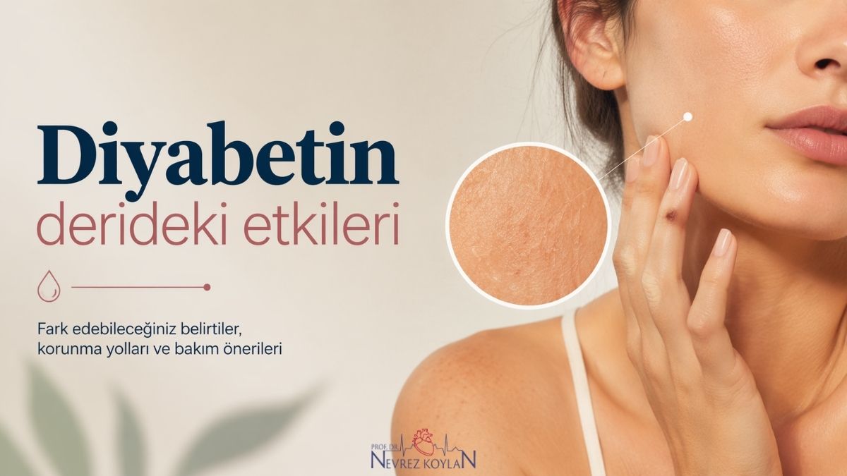 Diyabetin derideki etkileri’ başlıklı blog yazısı için hazırlanmış 16:9 kapak görseli. Açık bej tonlarında sade bir arka plan üzerinde, yüzünün bir kısmı görünen bir kadının cildine dokunduğu yakın plan görüntü yer alıyor. Görselde bir büyüteç efektiyle ciltteki kuruluk ve doku değişiklikleri vurgulanmış. Sol tarafta büyük ve okunaklı tipografiyle başlık yer alırken, altında ‘belirtiler, korunma yolları ve bakım önerileri’ ifadesi bulunuyor. Minimalist ve temiz tasarım, diyabetin cilt üzerindeki etkilerine dikkat çekiyor.